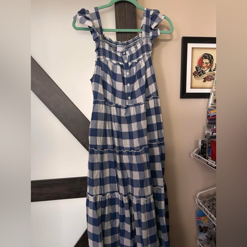 Old Navy Blue Gingham Ruffle Sleeve Maxi Sundress